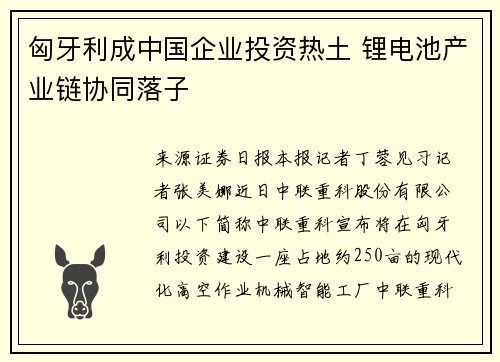 匈牙利成中国企业投资热土 锂电池产业链协同落子