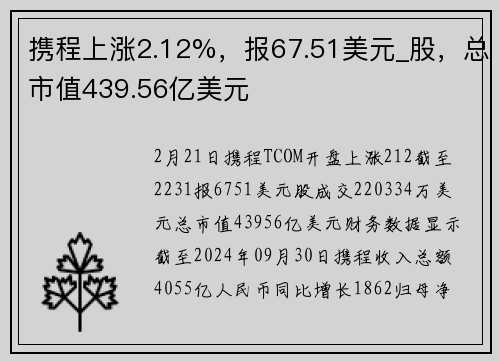 携程上涨2.12%，报67.51美元_股，总市值439.56亿美元