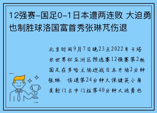 12强赛-国足0-1日本遭两连败 大迫勇也制胜球洛国富首秀张琳芃伤退