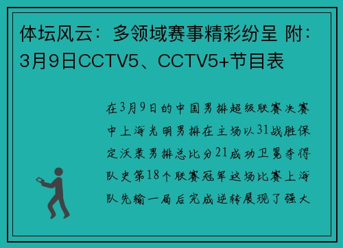体坛风云：多领域赛事精彩纷呈 附：3月9日CCTV5、CCTV5+节目表