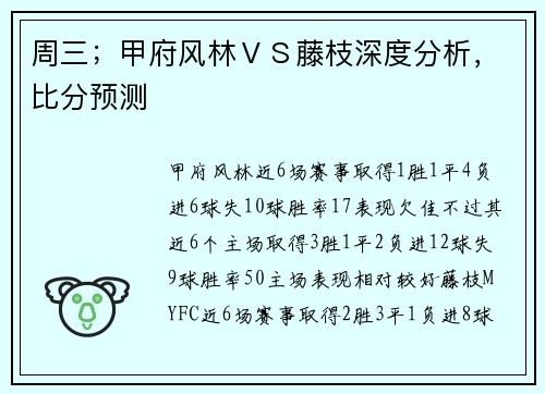 周三；甲府风林ＶＳ藤枝深度分析，比分预测