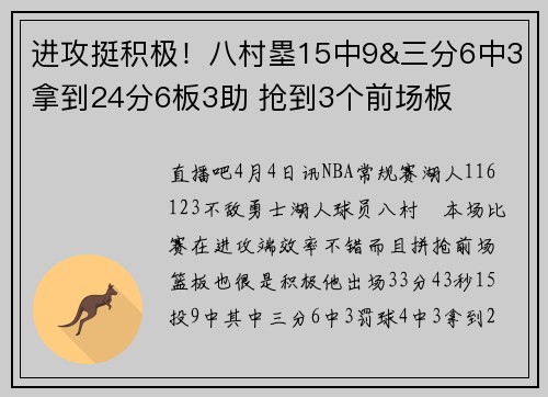 进攻挺积极！八村塁15中9&三分6中3拿到24分6板3助 抢到3个前场板