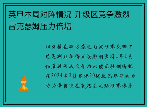 英甲本周对阵情况 升级区竞争激烈 雷克瑟姆压力倍增