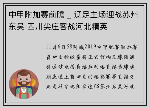 中甲附加赛前瞻 _ 辽足主场迎战苏州东吴 四川尖庄客战河北精英