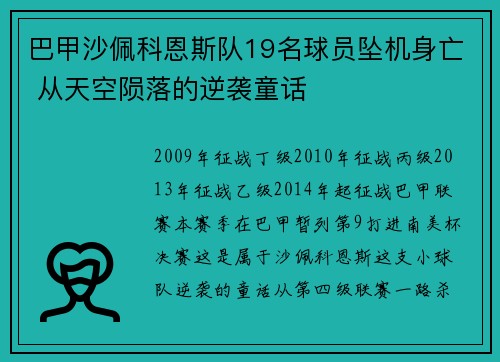 巴甲沙佩科恩斯队19名球员坠机身亡 从天空陨落的逆袭童话